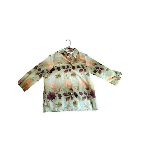 Alfred Dunner Womens Button-Up Shirt 14 Floral 100% Polyester Green/Orange/Brown - Picture 3 of 7